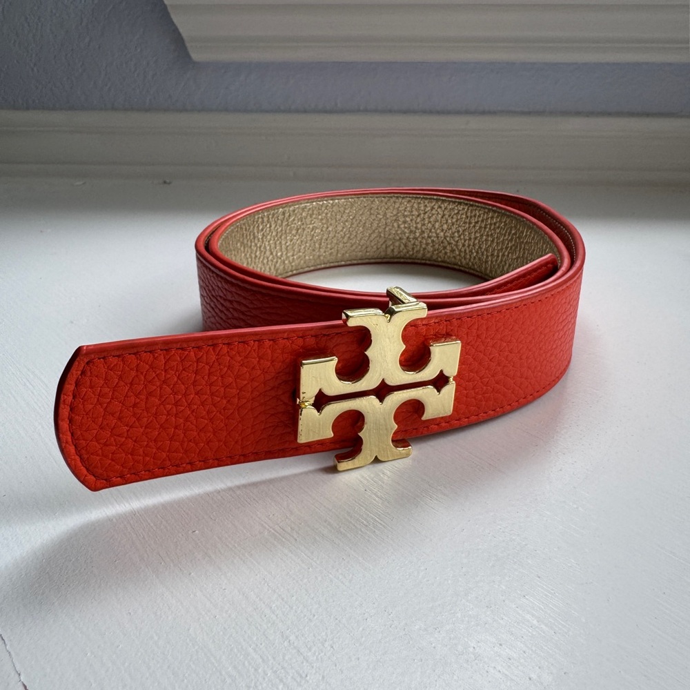 Tory Burch Reversible Orange & Gold Belt with Gold Emblem